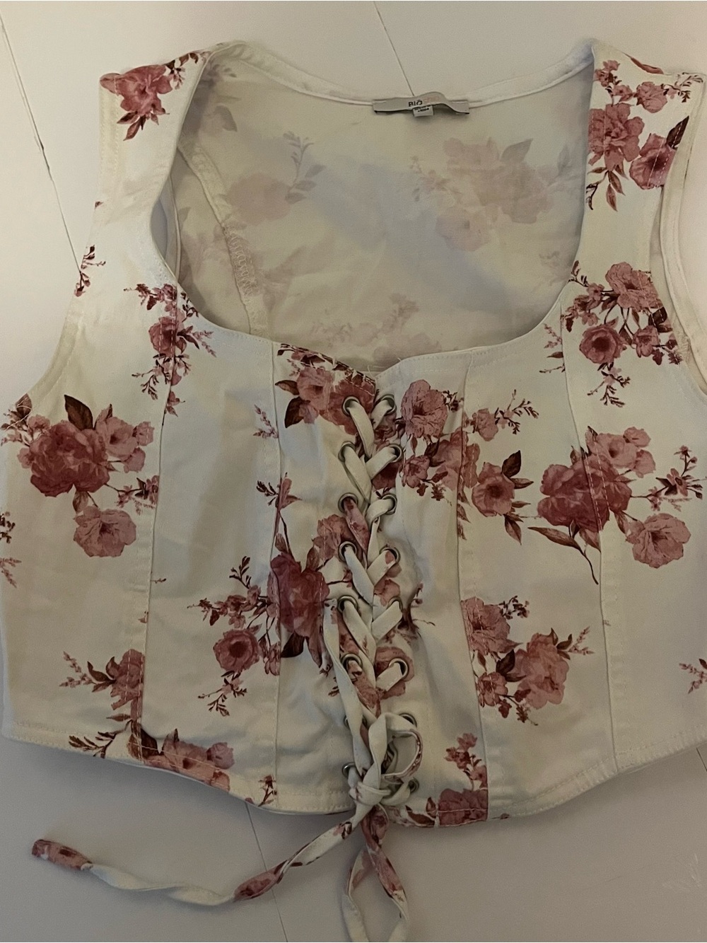 Floral Lace-Up Corset Top - White with Rose Pink Floral